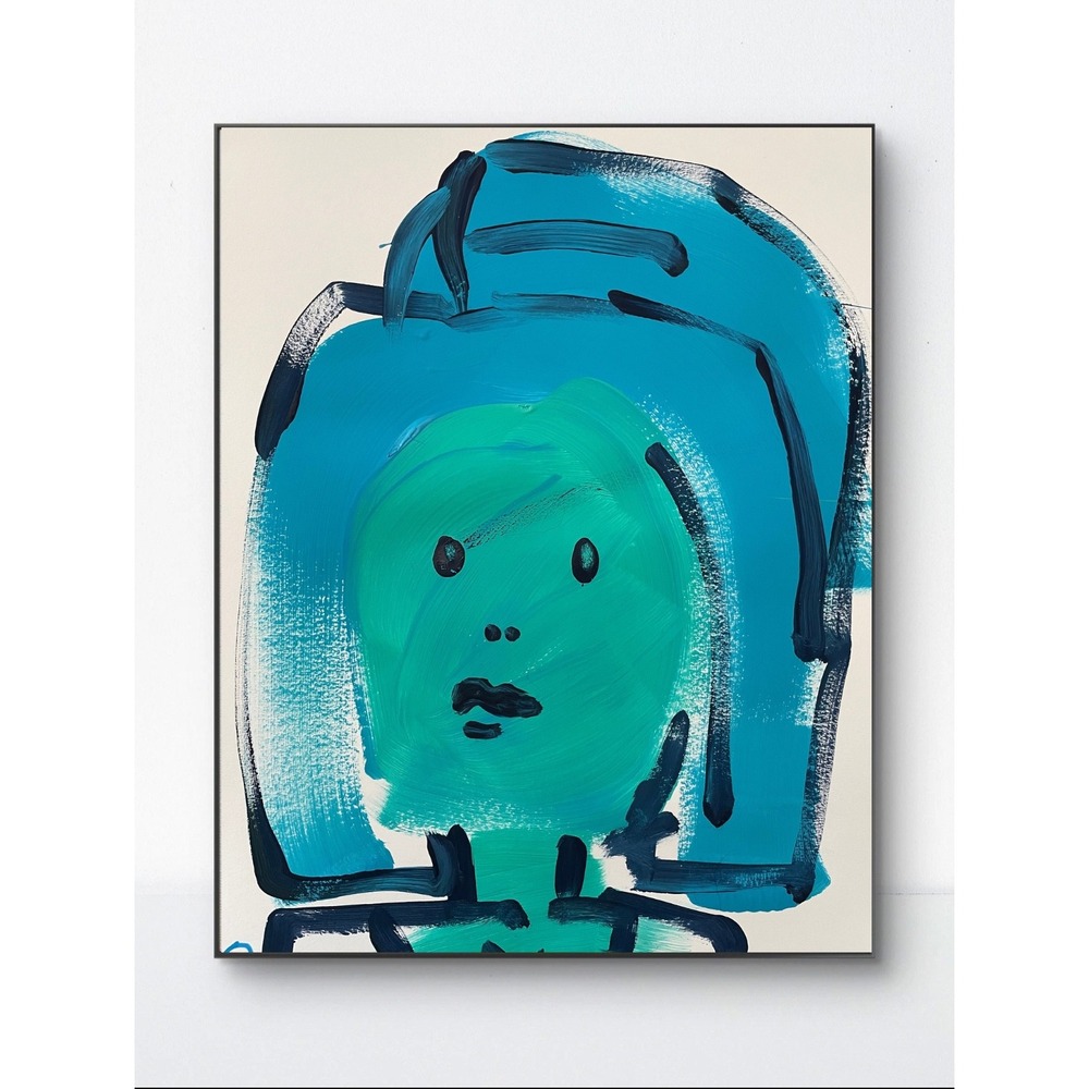OMAN Original Abstract Portrait Painting 11x14 Monochromatic Impasto Teal Blue